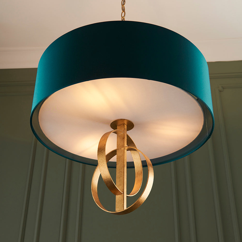 Hoop Detail Medium Three Light Pendant In Gold Leaf With Teal Satin Fabric - ID 11185