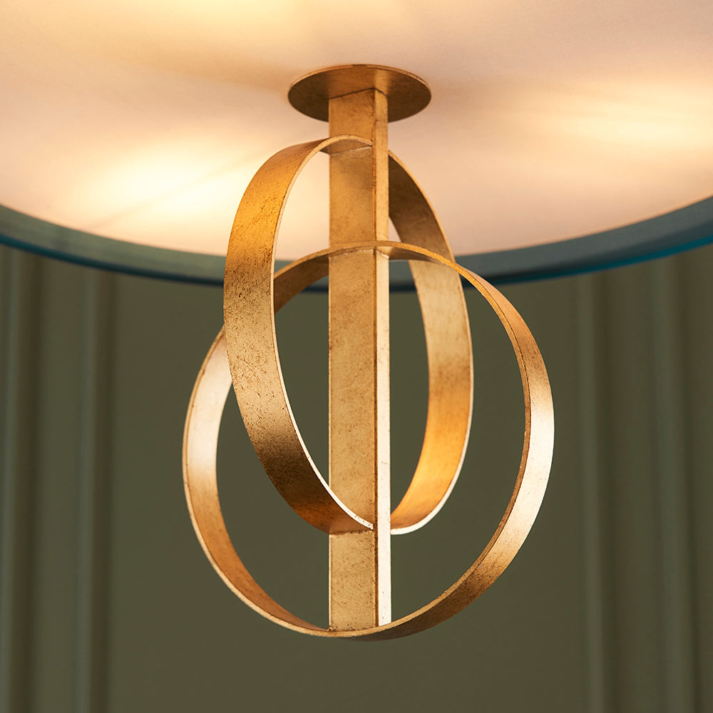 Hoop Detail Medium Three Light Pendant In Gold Leaf With Teal Satin Fabric - ID 11185