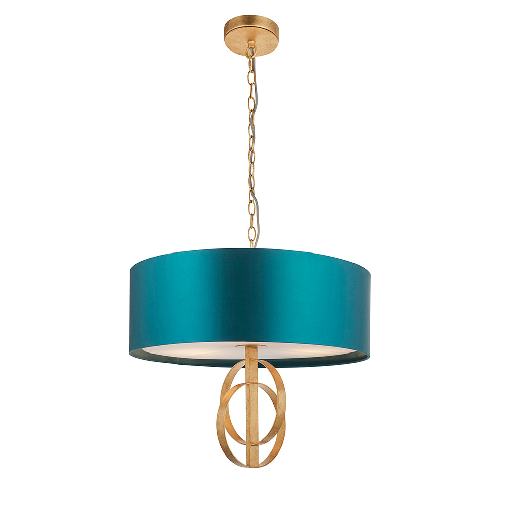 Hoop Detail Medium Three Light Pendant In Gold Leaf With Teal Satin Fabric - ID 11185