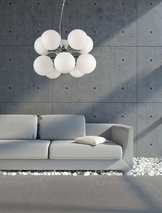 10 Lamp Chrome Ceiling Light With Opal Glass Spheres - ID 7525