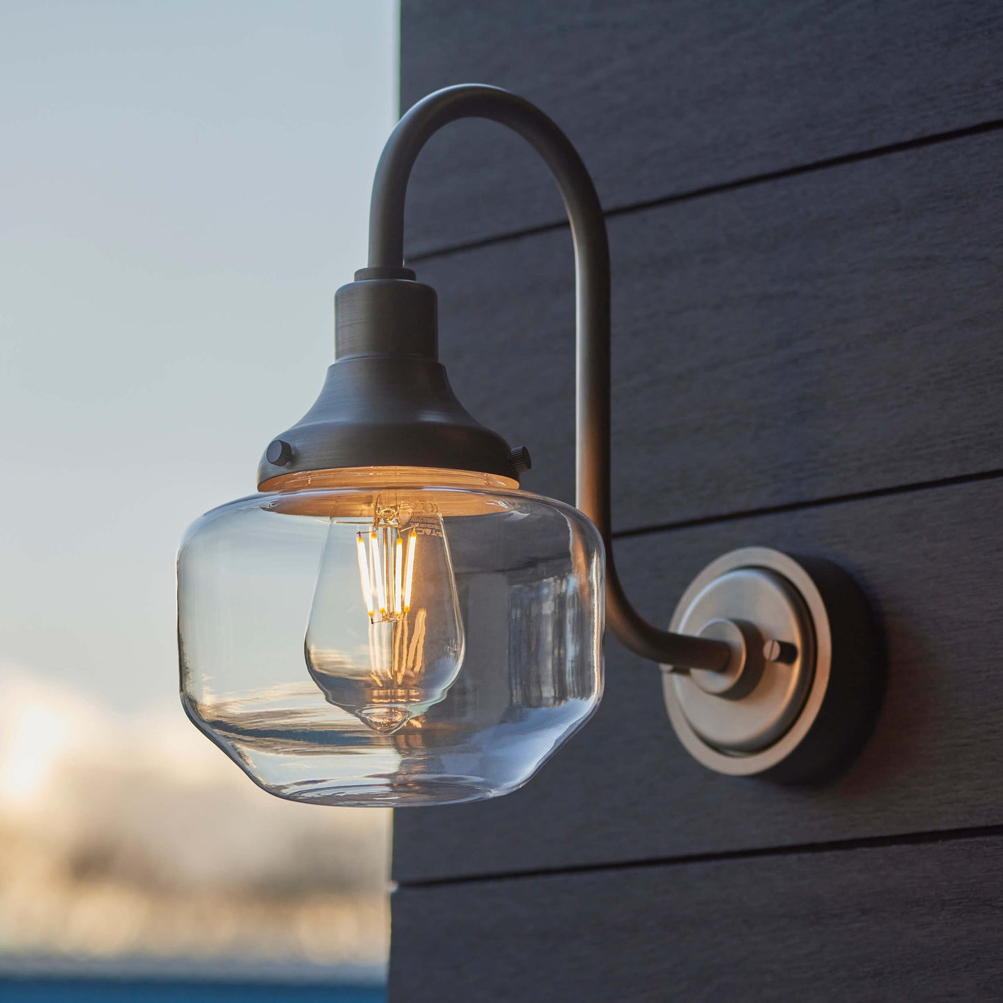 Aged Pewter Swan Neck Wall Light With Clear Glass Shade - ID 12498