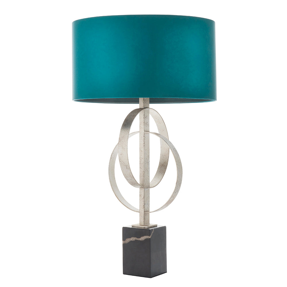 Hoop Detail Table Lamp In Silver Leaf With Teal Satin Fabric & Marble Base - ID 11177