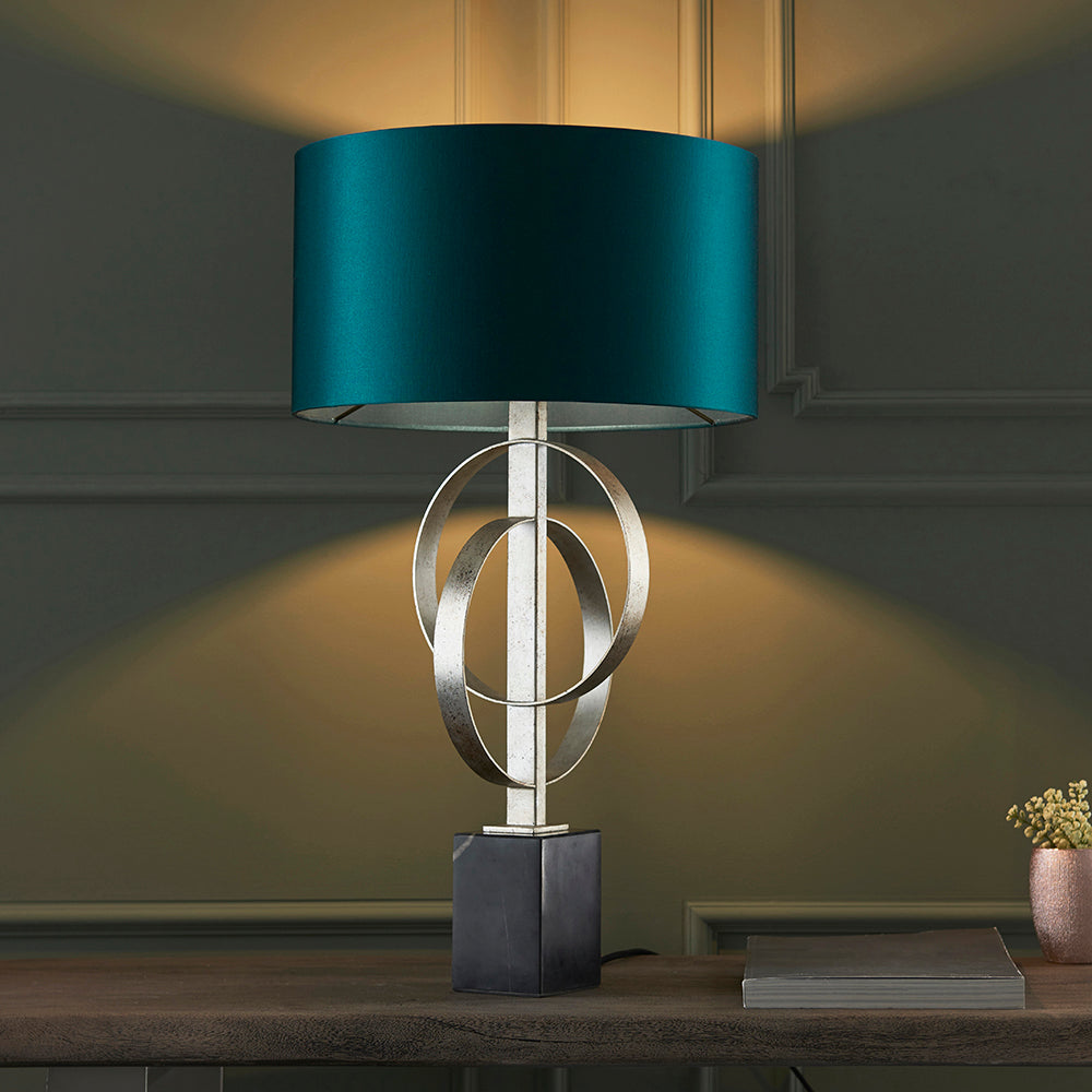 Hoop Detail Table Lamp In Silver Leaf With Teal Satin Fabric & Marble Base - ID 11177