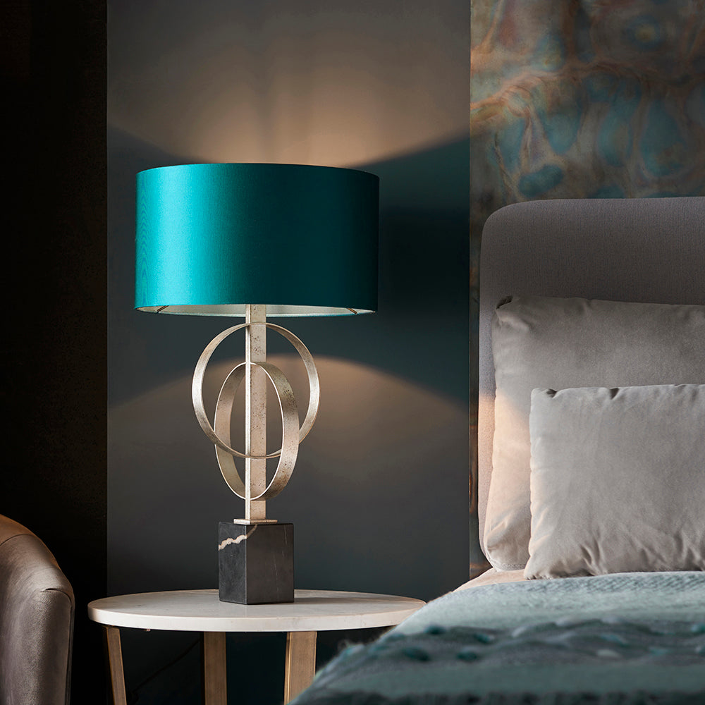 Hoop Detail Table Lamp In Silver Leaf With Teal Satin Fabric & Marble Base - ID 11177