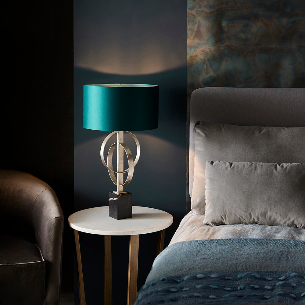 Hoop Detail Table Lamp In Silver Leaf With Teal Satin Fabric & Marble Base - ID 11177