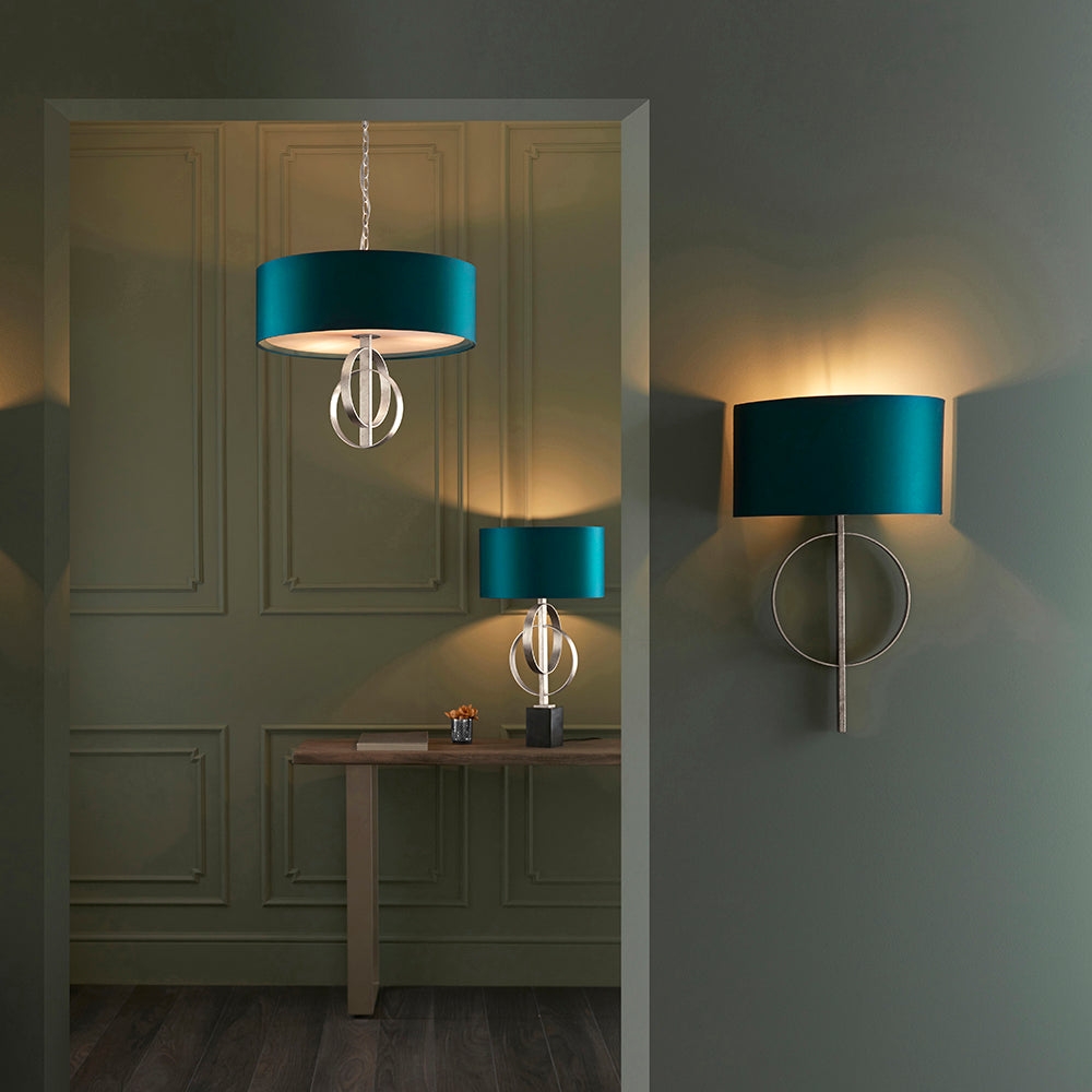 Hoop Detail Table Lamp In Silver Leaf With Teal Satin Fabric & Marble Base - ID 11177