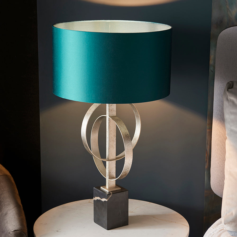 Hoop Detail Table Lamp In Silver Leaf With Teal Satin Fabric & Marble Base - ID 11177