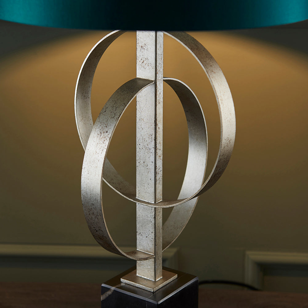 Hoop Detail Table Lamp In Silver Leaf With Teal Satin Fabric & Marble Base - ID 11177