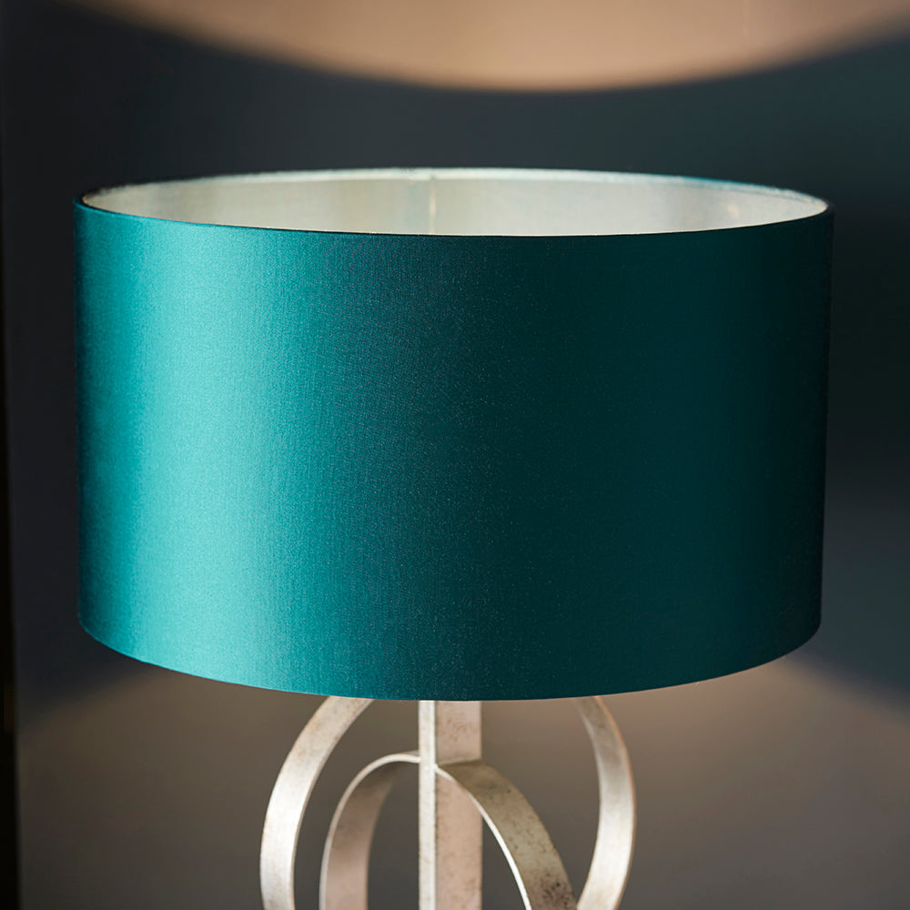 Hoop Detail Table Lamp In Silver Leaf With Teal Satin Fabric & Marble Base - ID 11177