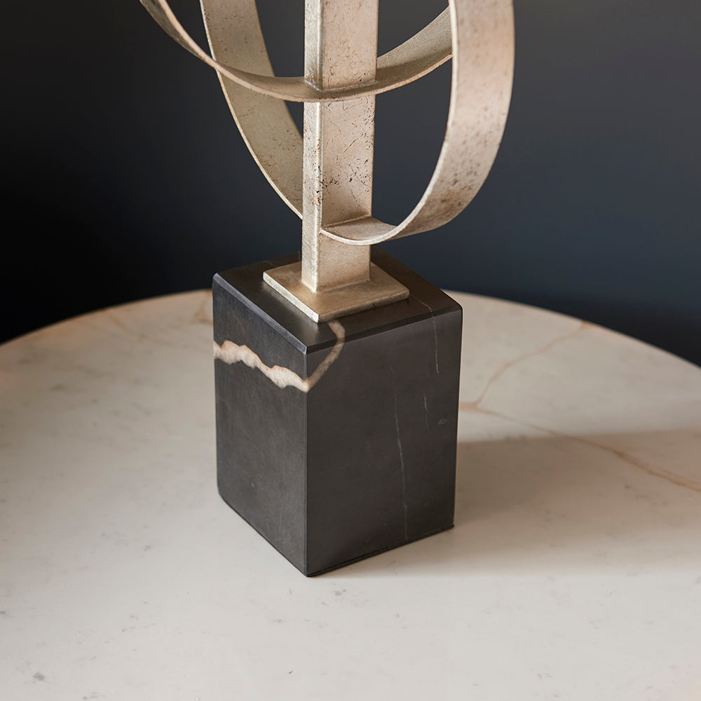 Hoop Detail Table Lamp In Silver Leaf With Teal Satin Fabric & Marble Base - ID 11177