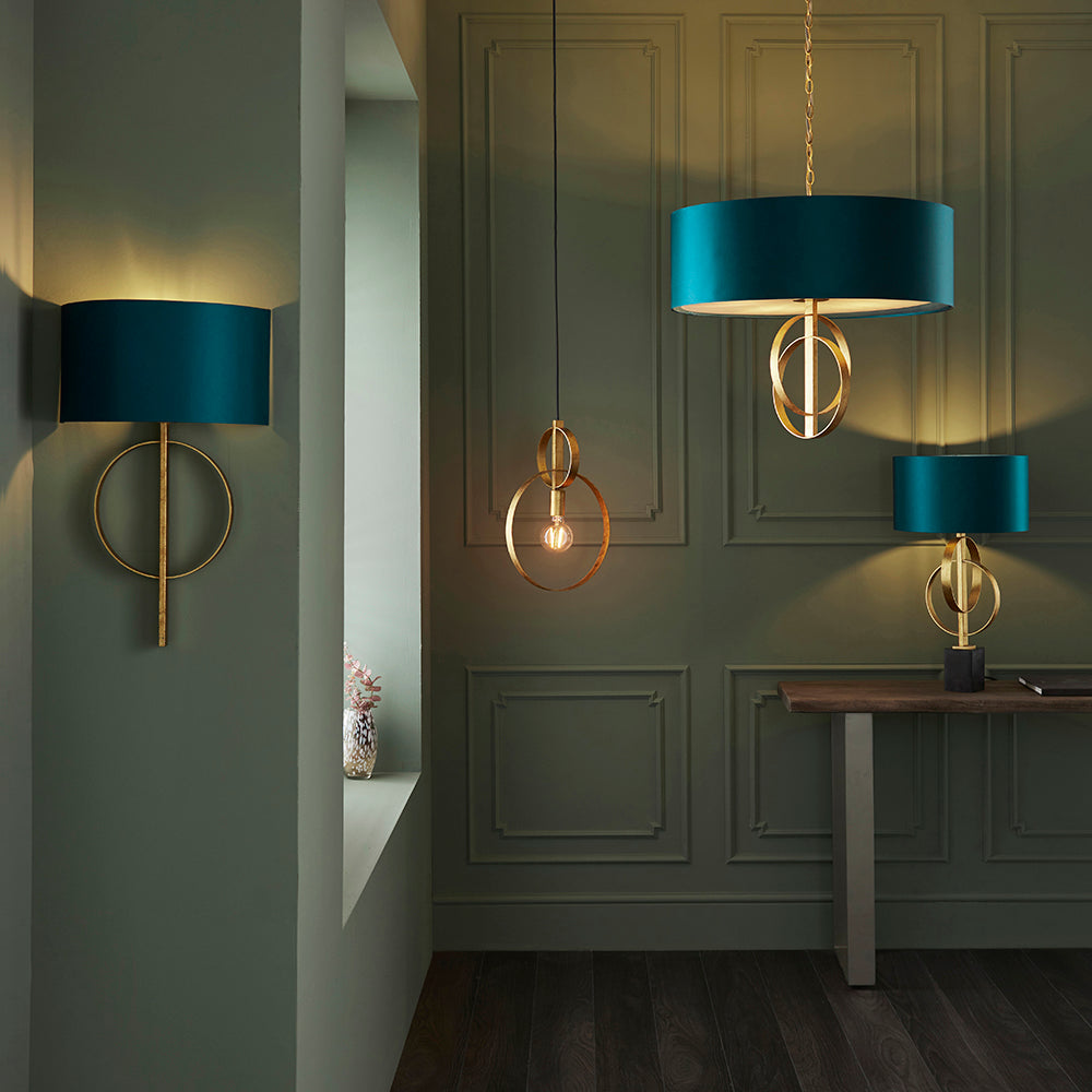 Hoop Detail Large Five Light Pendant In Gold Leaf With Teal Satin Fabric - ID 11184