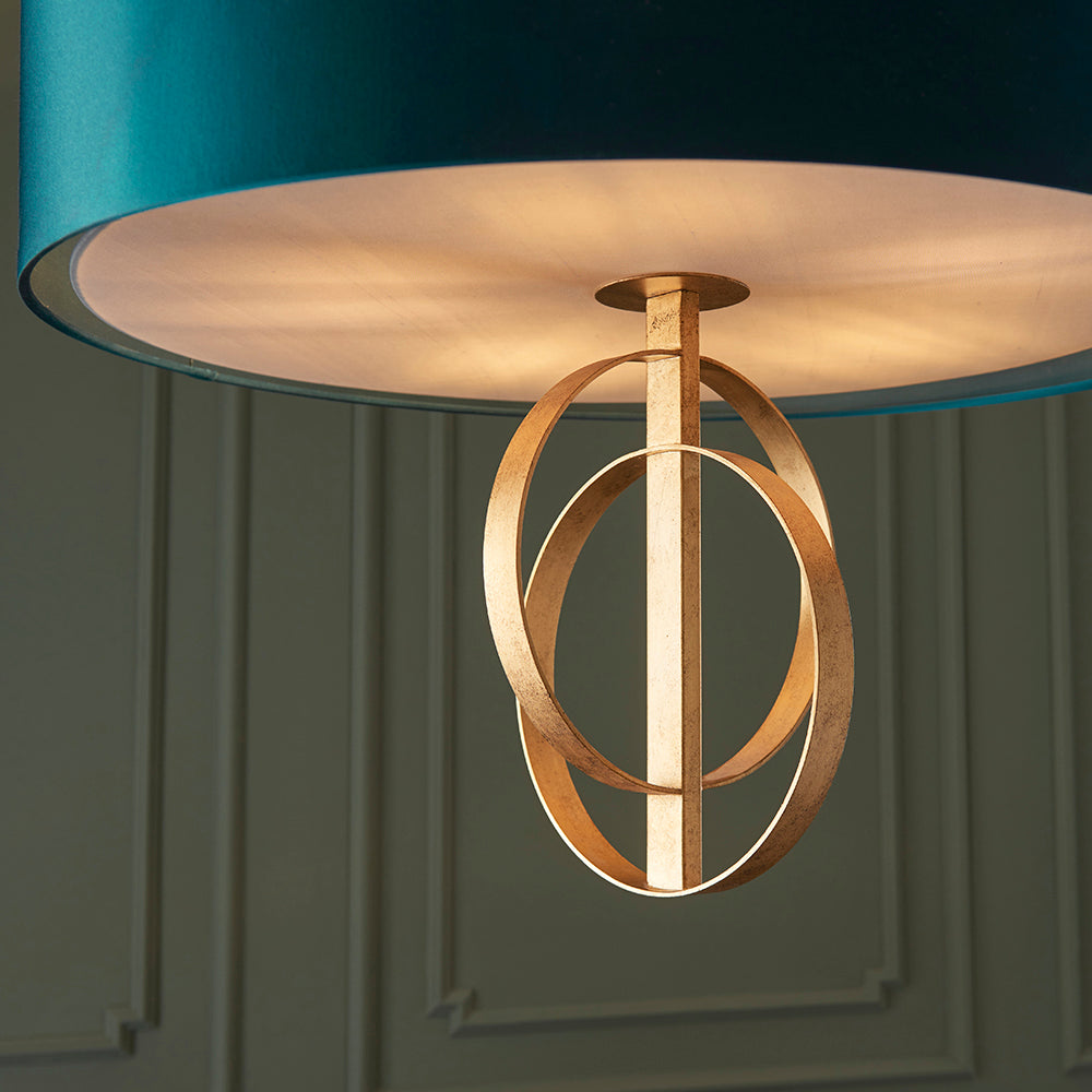 Hoop Detail Large Five Light Pendant In Gold Leaf With Teal Satin Fabric - ID 11184