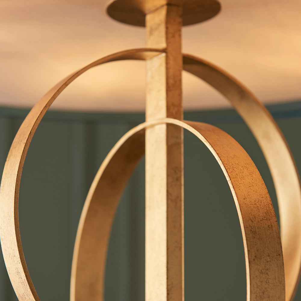 Hoop Detail Large Five Light Pendant In Gold Leaf With Teal Satin Fabric - ID 11184