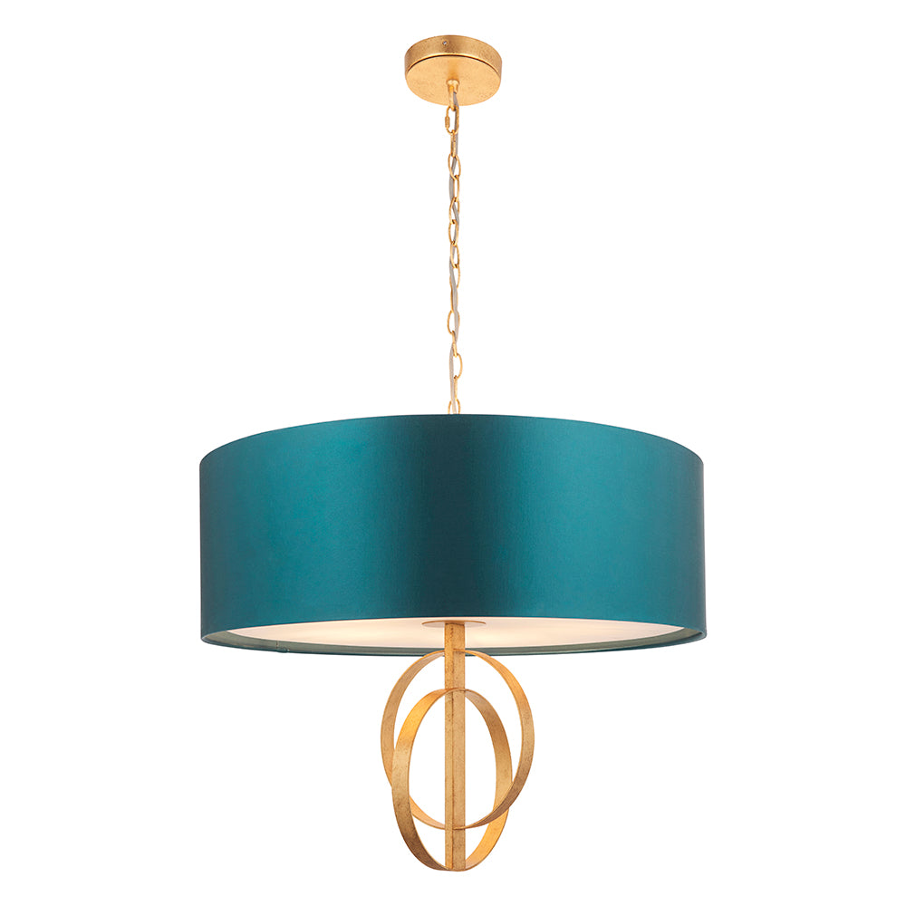 Hoop Detail Large Five Light Pendant In Gold Leaf With Teal Satin Fabric - ID 11184