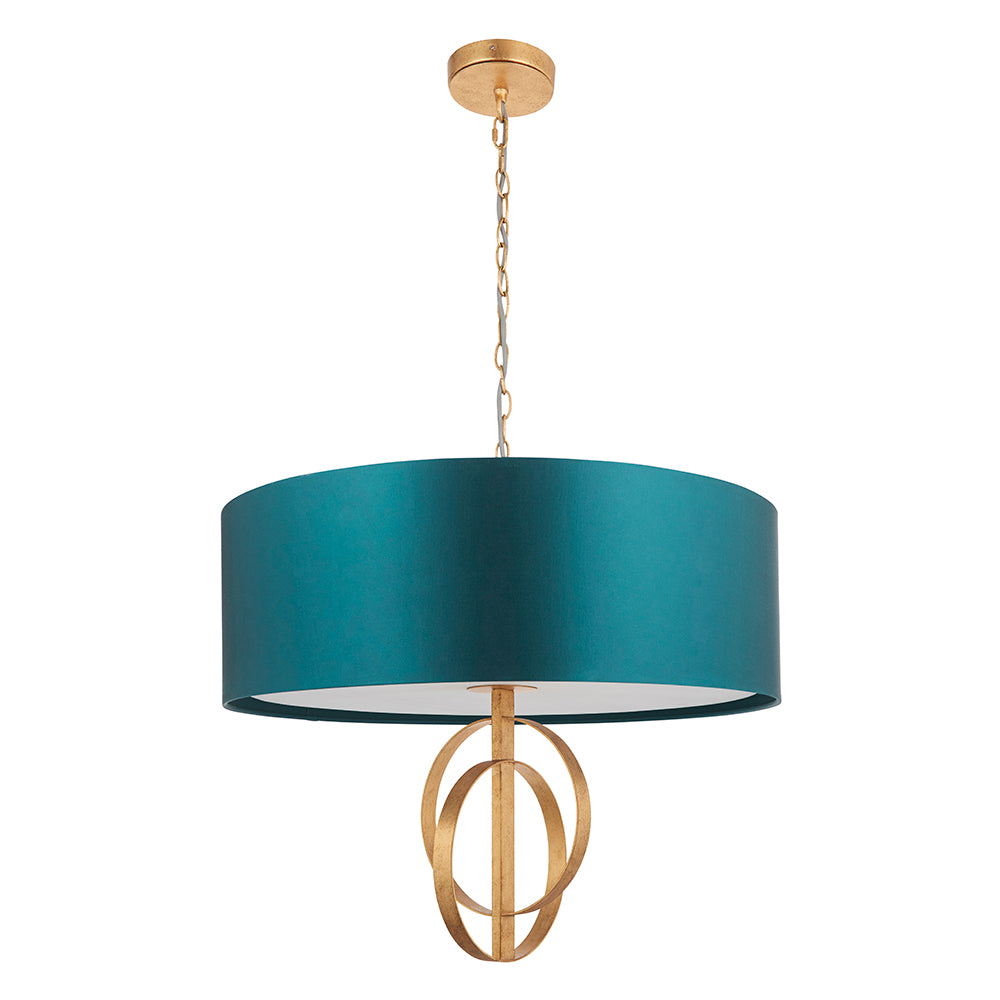 Hoop Detail Large Five Light Pendant In Gold Leaf With Teal Satin Fabric - ID 11184