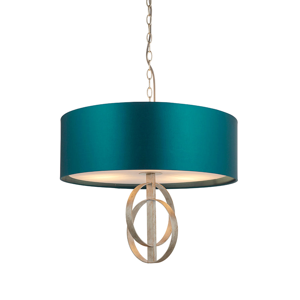 Hoop Detail Medium Three Light Pendant In Silver Leaf With Teal Satin Fabric - ID 11176