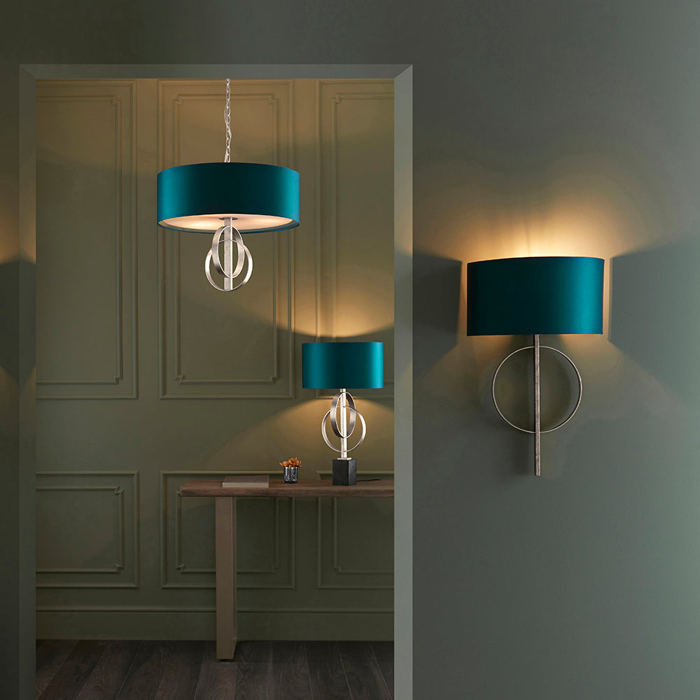 Hoop Detail Large Five Light Pendant In Gold Leaf With Teal Satin Fabric - ID 11184
