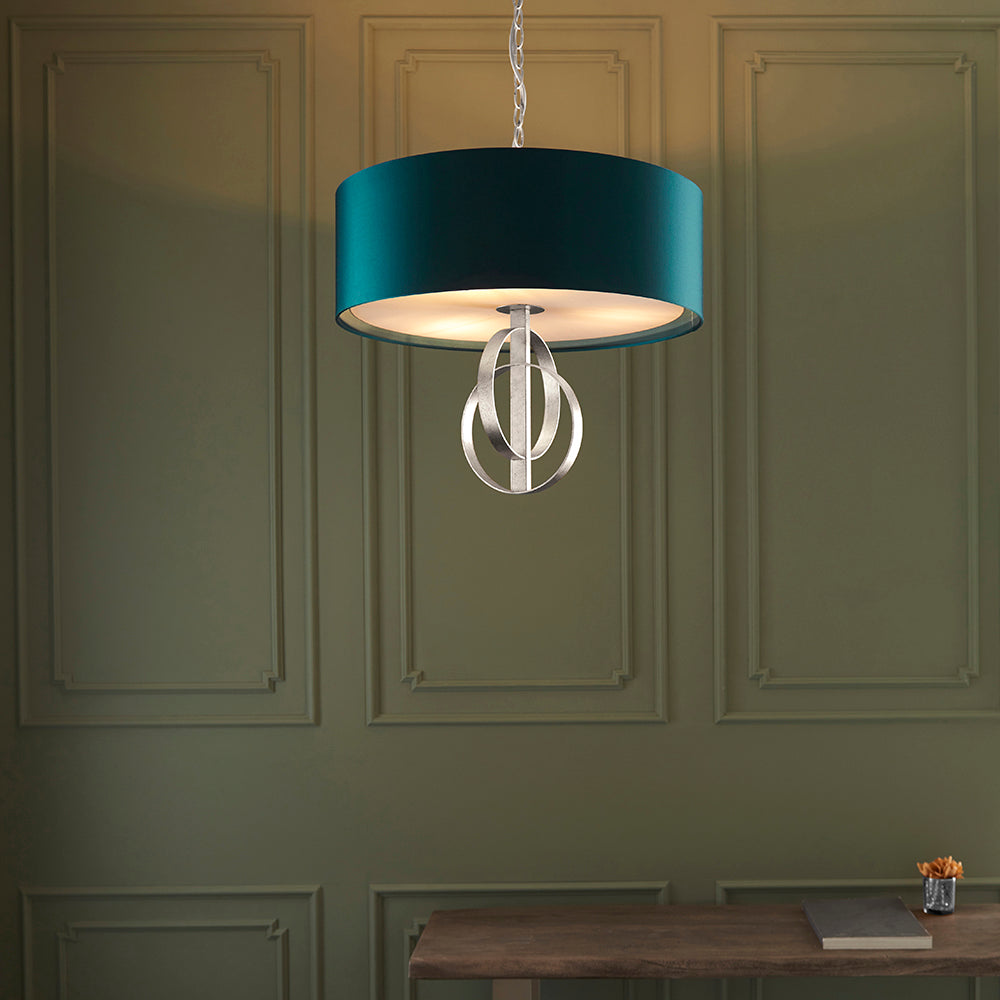 Hoop Detail Medium Three Light Pendant In Silver Leaf With Teal Satin Fabric - ID 11176