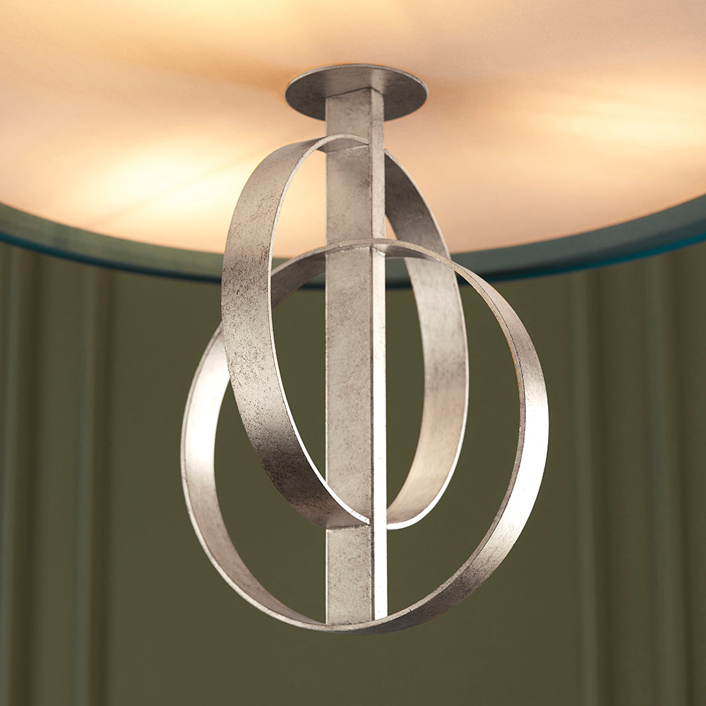 Hoop Detail Medium Three Light Pendant In Silver Leaf With Teal Satin Fabric - ID 11176