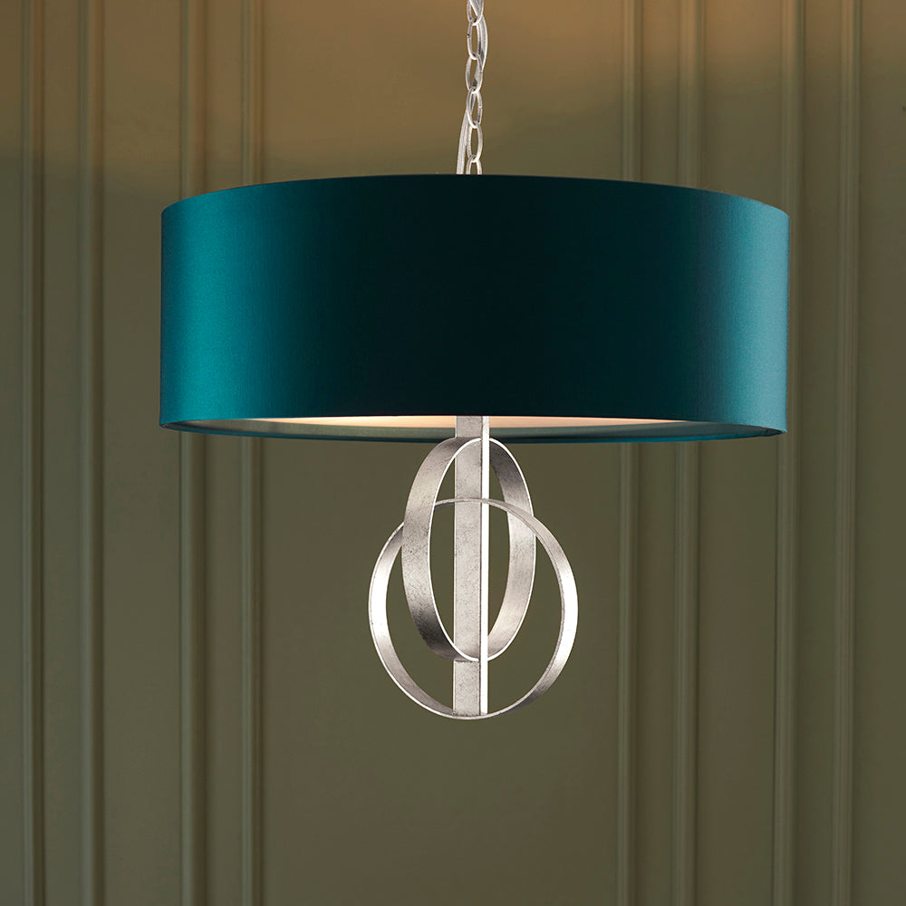 Hoop Detail Medium Three Light Pendant In Silver Leaf With Teal Satin Fabric - ID 11176