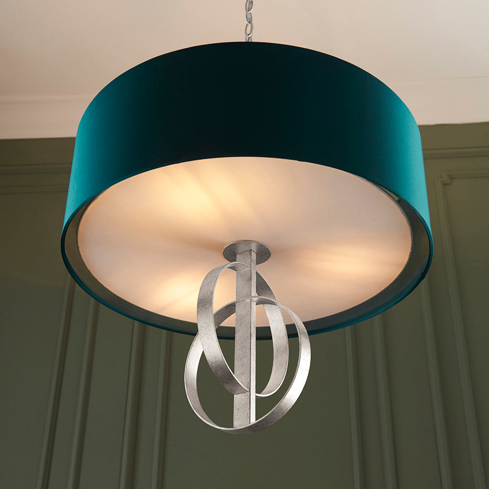 Hoop Detail Medium Three Light Pendant In Silver Leaf With Teal Satin Fabric - ID 11176