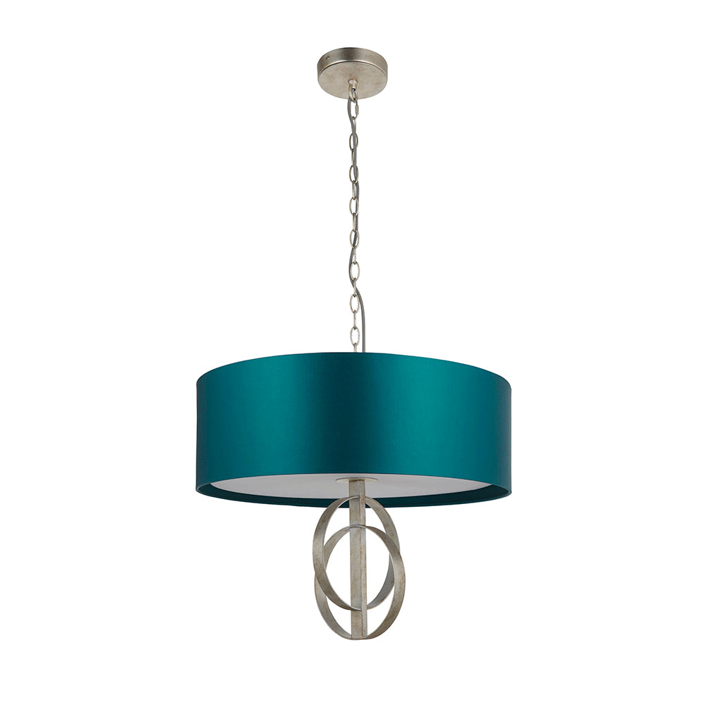 Hoop Detail Medium Three Light Pendant In Silver Leaf With Teal Satin Fabric - ID 11176