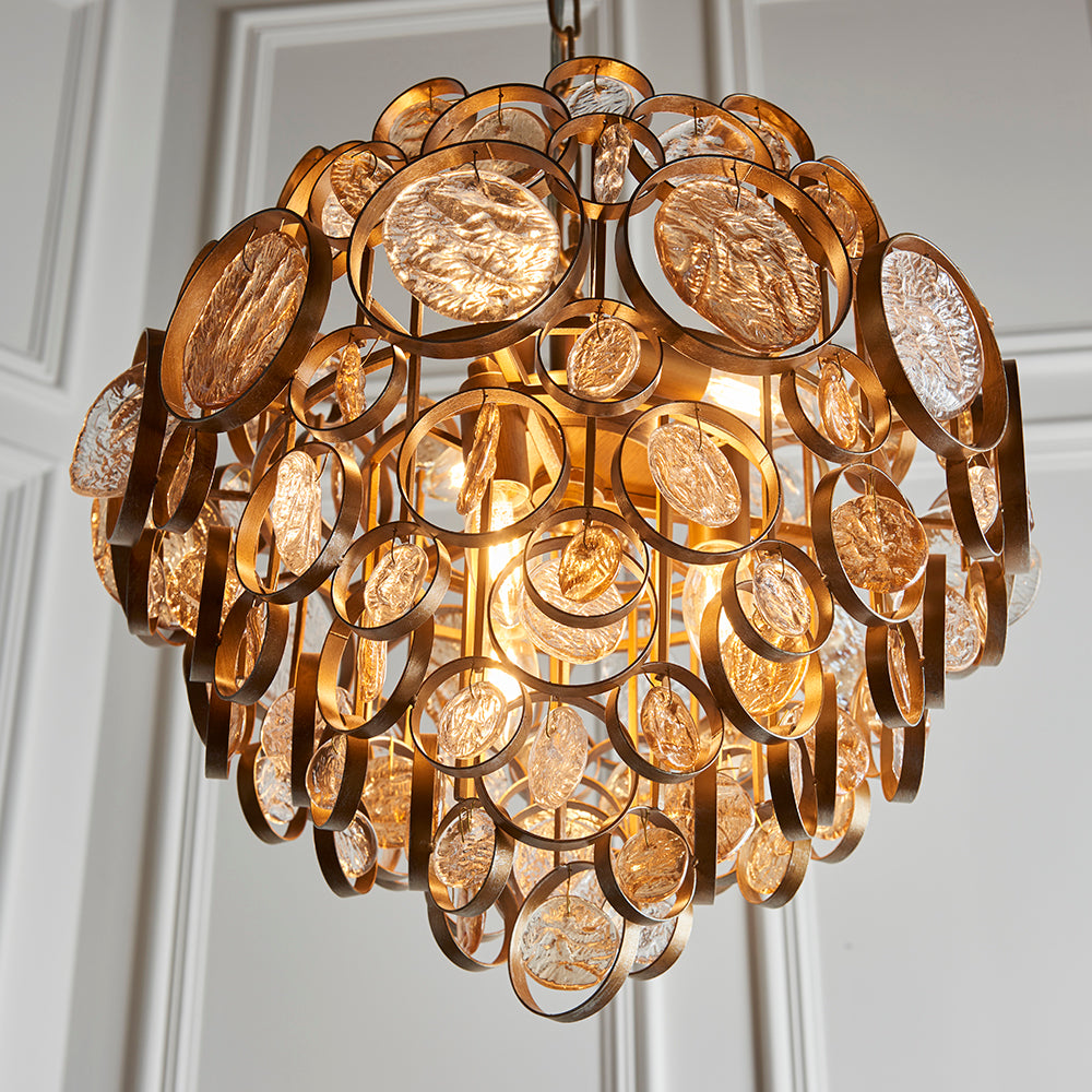 Antique Gold Chandelier With Clear And Amber Glass Details - ID 11118