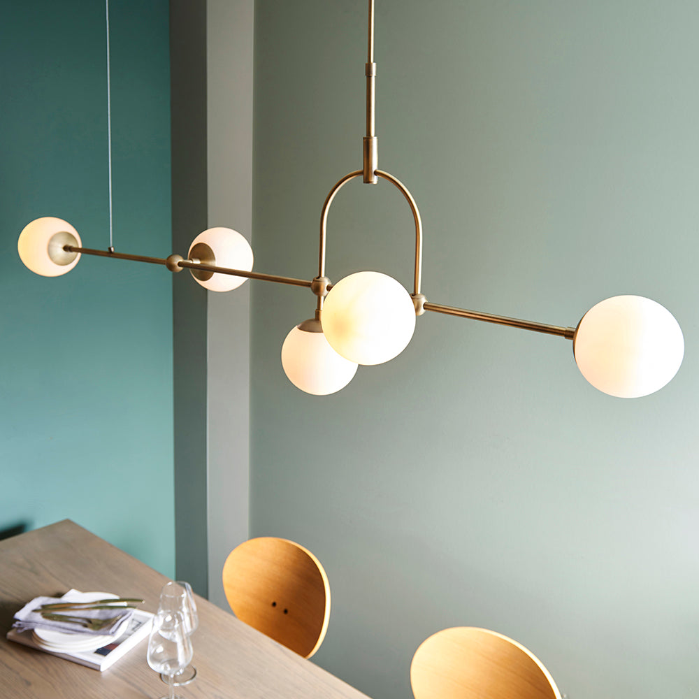 Opal Glass & Matt Antique Brass Five Lamp Adjustable Semi-Flush Ceiling Light - ID 11047