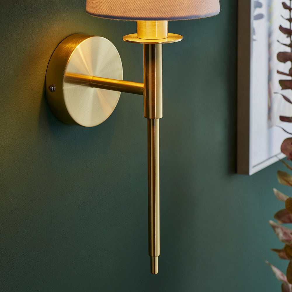 Satin Brass Plated Slimline Wall Light With White Fabric Shade - ID 11131