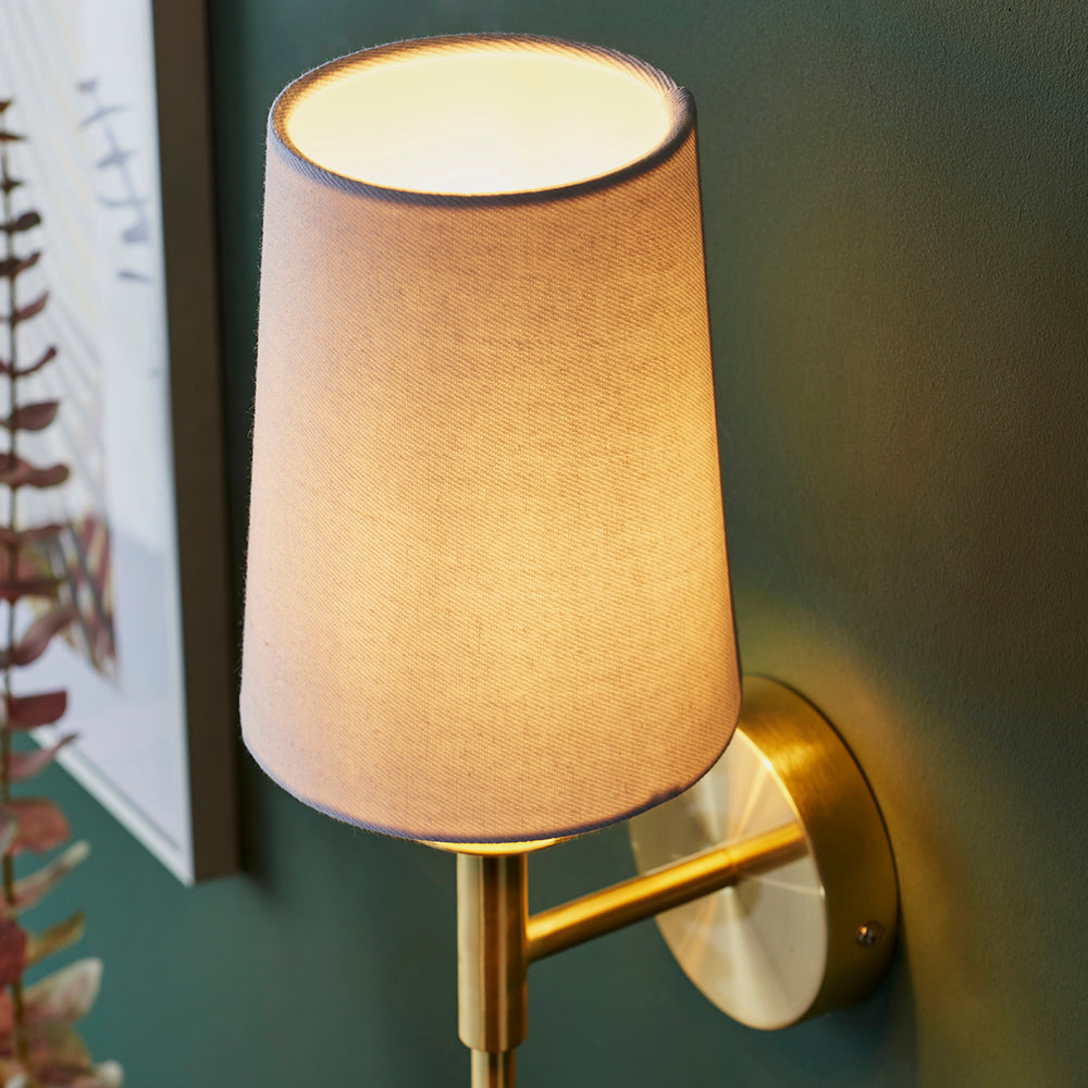 Satin Brass Plated Slimline Wall Light With White Fabric Shade - ID 11131