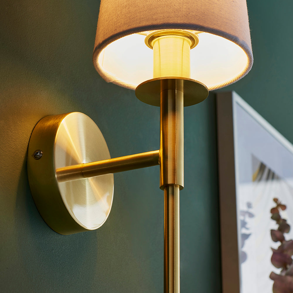 Satin Brass Plated Slimline Wall Light With White Fabric Shade - ID 11131
