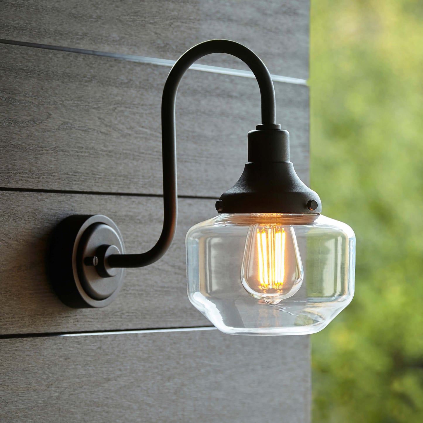 Textured Black With Swan Neck Wall Light With Clear Glass Shade - ID 12499