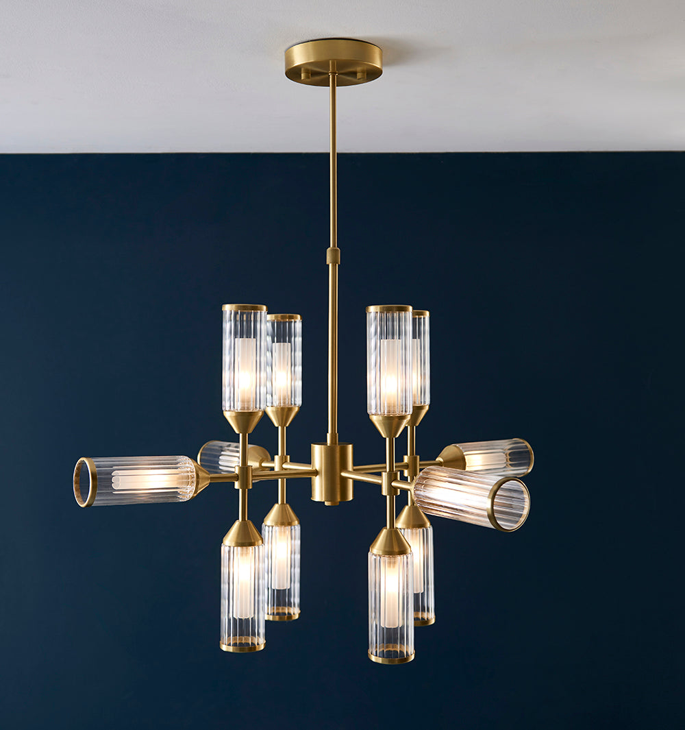 Frosted Glass & Satin Brass Twelve Lamp Semi-Flush Ceiling Light - ID 11008