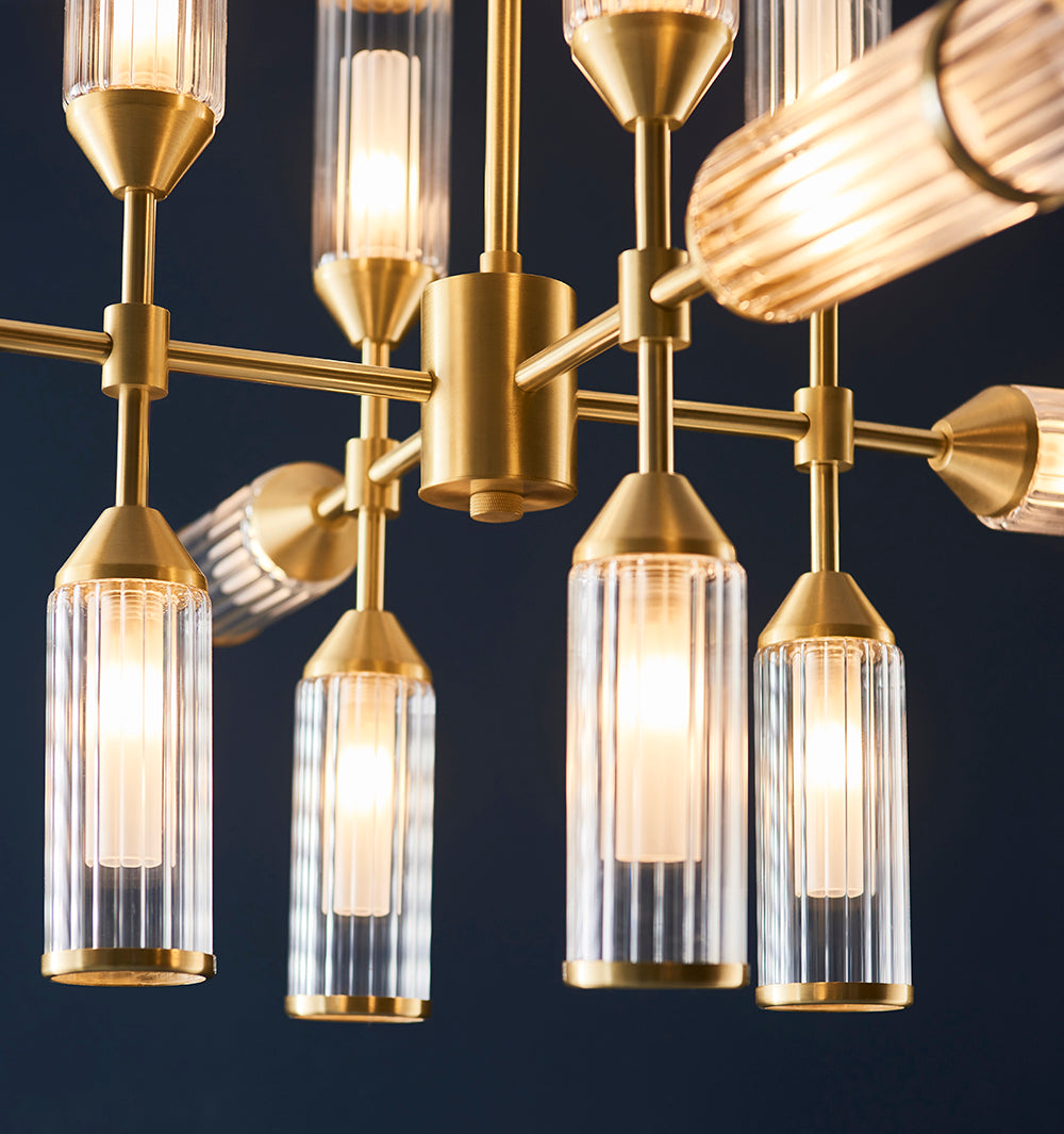 Frosted Glass & Satin Brass Twelve Lamp Semi-Flush Ceiling Light - ID 11008