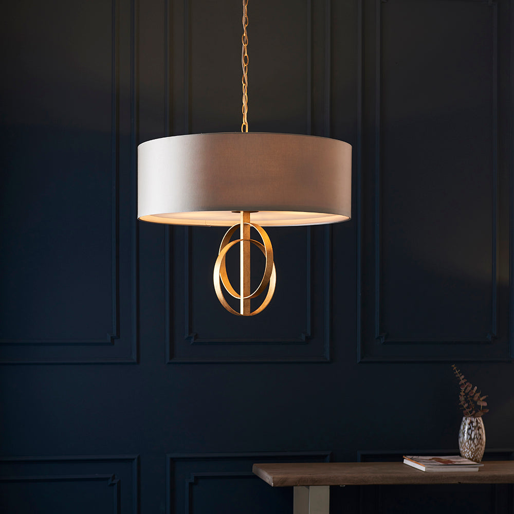 Hoop Detail Large Five Light Pendant In Gold Leaf With Mink Satin Fabric - ID 11179