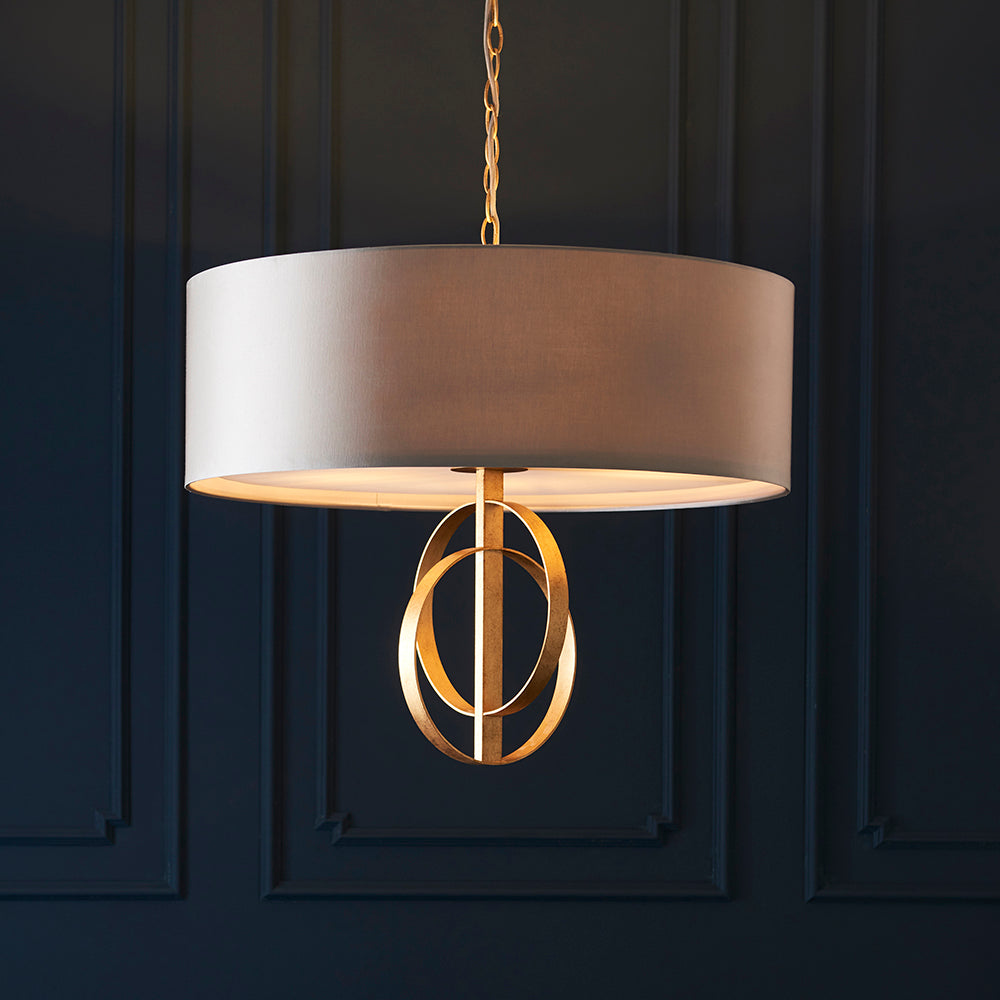 Hoop Detail Large Five Light Pendant In Gold Leaf With Mink Satin Fabric - ID 11179