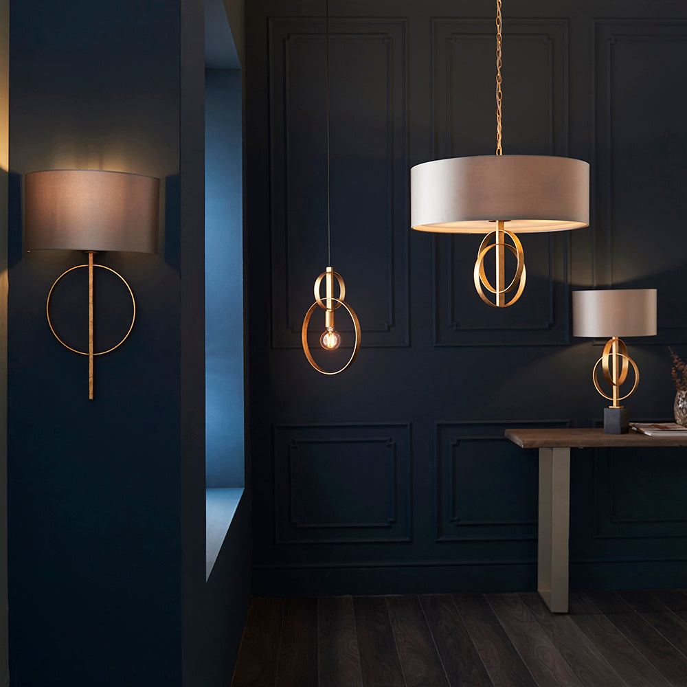 Hoop Detail Large Five Light Pendant In Gold Leaf With Mink Satin Fabric - ID 11179