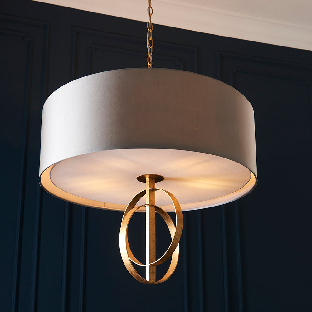 Hoop Detail Large Five Light Pendant In Gold Leaf With Mink Satin Fabric - ID 11179