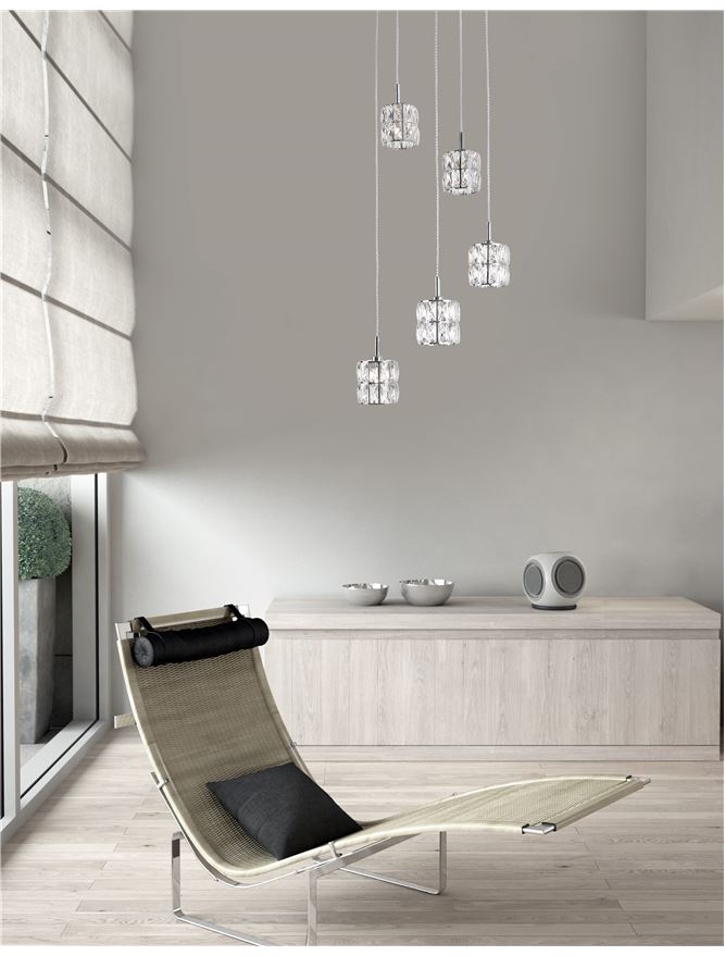 NIC Crystal & Chrome Aluminium 5 Light Multiple Drop Pendant - ID 10560