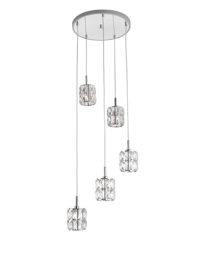 NIC Crystal & Chrome Aluminium 5 Light Multiple Drop Pendant - ID 10560