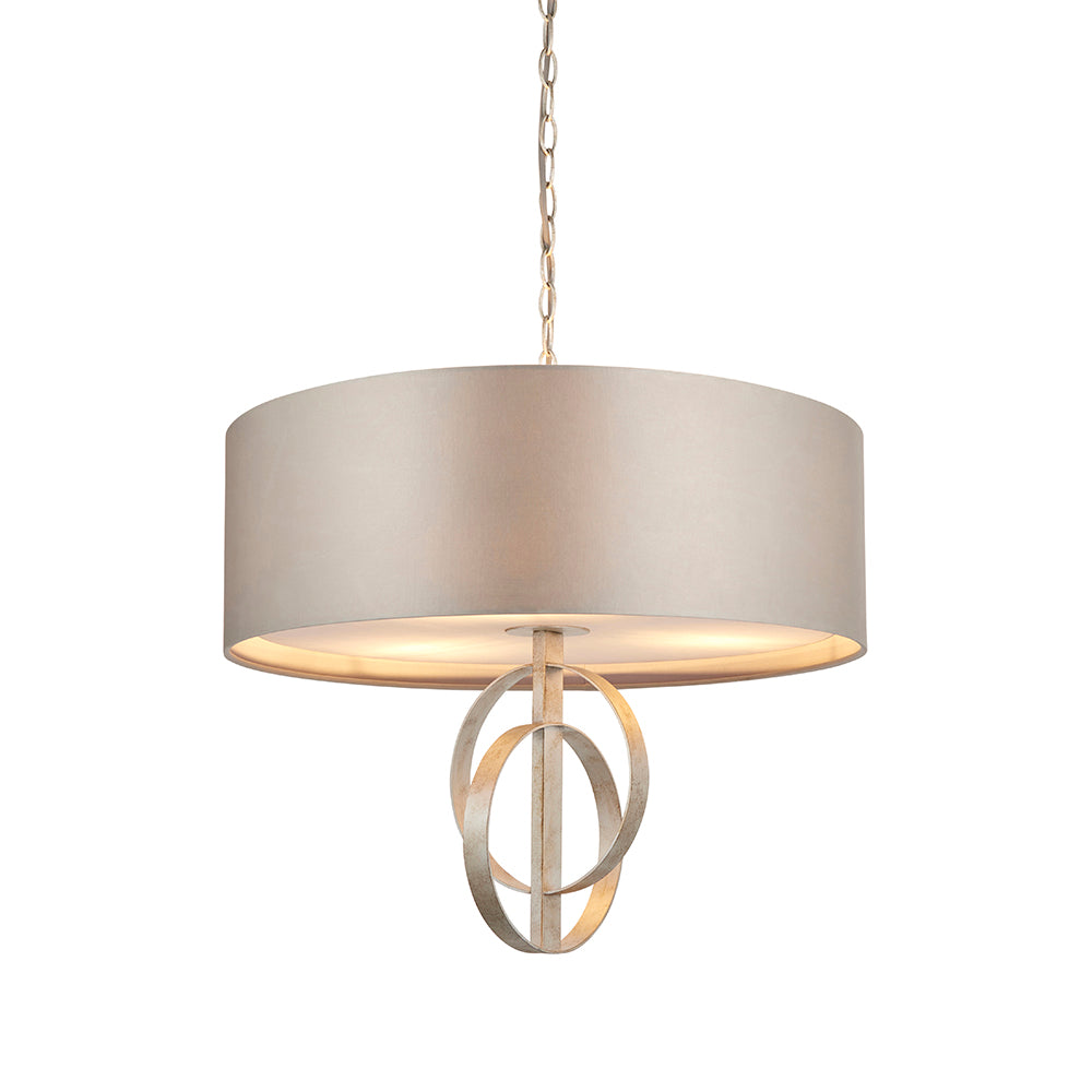 Hoop Detail Medium Three Light Pendant In Silver Leaf With Mink Satin Fabric - ID 11171