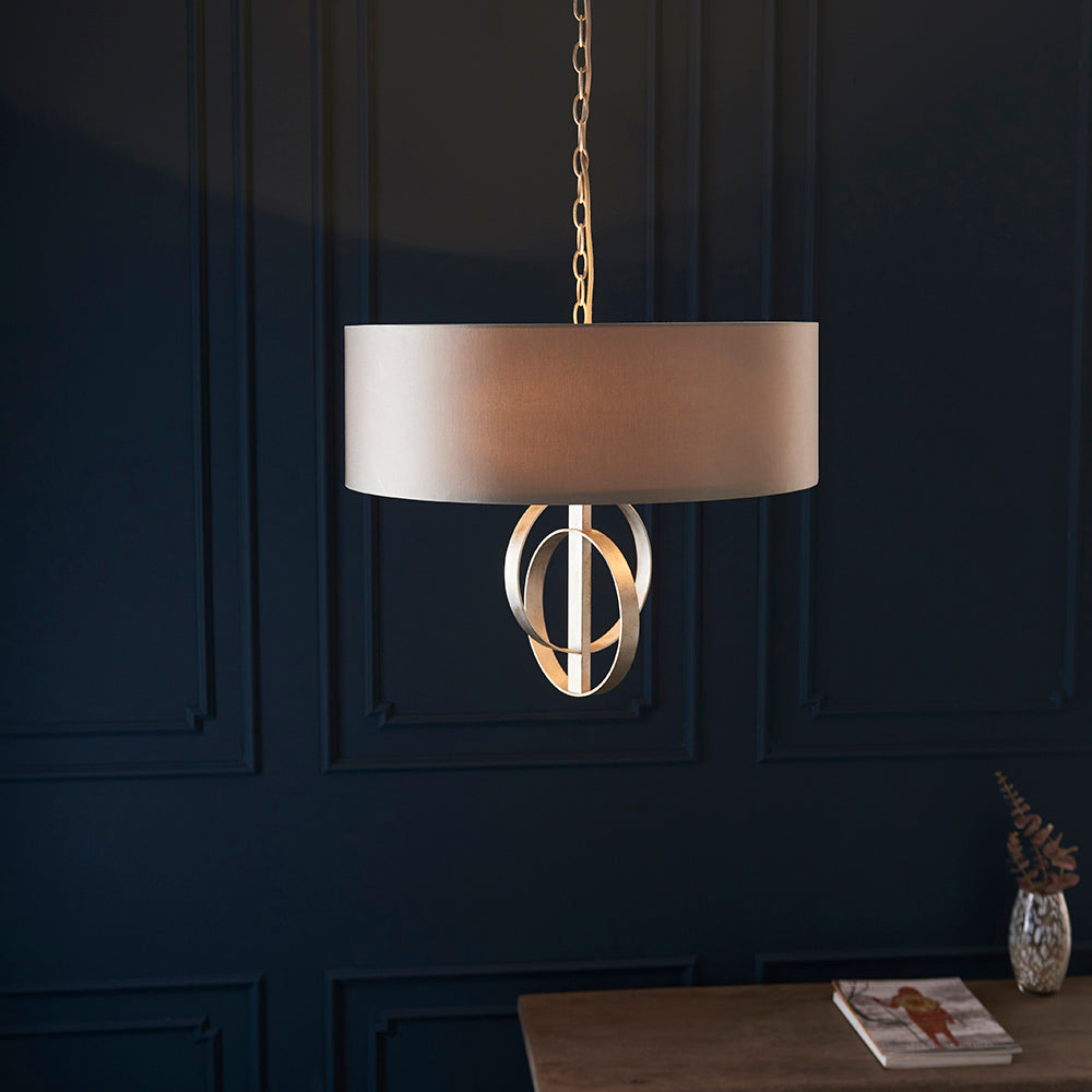 Hoop Detail Medium Three Light Pendant In Silver Leaf With Mink Satin Fabric - ID 11171