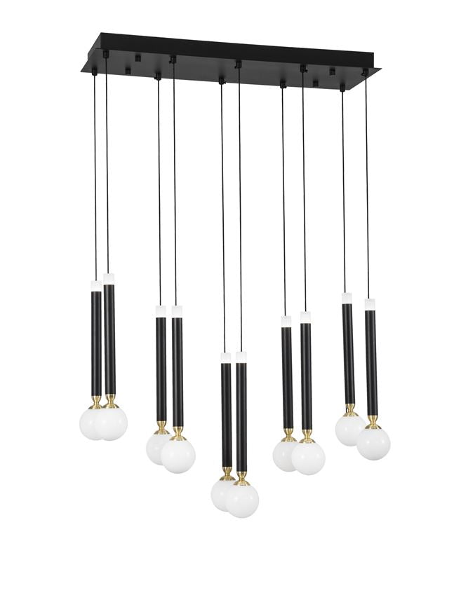 CAY Glass Opal Orb With Brass & Black Metalwork 10 Lamp Multiple Drop Pendant - ID 9968