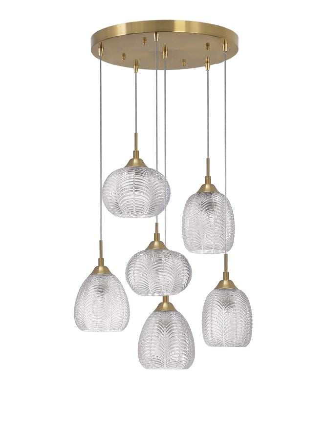 VAR Clear Waved Glass & Satin Gold Metal 5 Light Multi Pendant - ID 10032