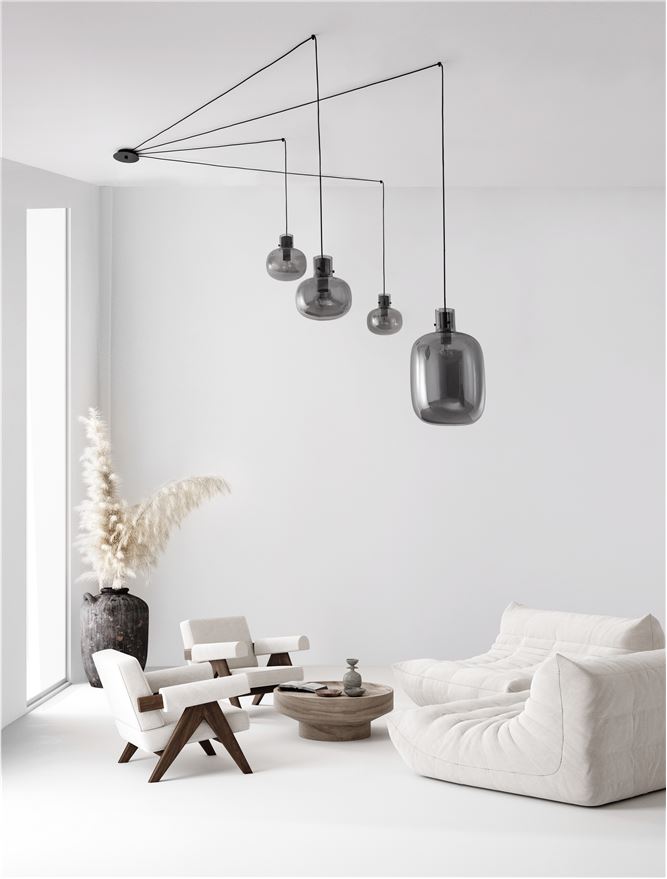 CIN Smoked Glass & Black Metal 4 Lamp Decentralised Multi Pendant - ID 11810