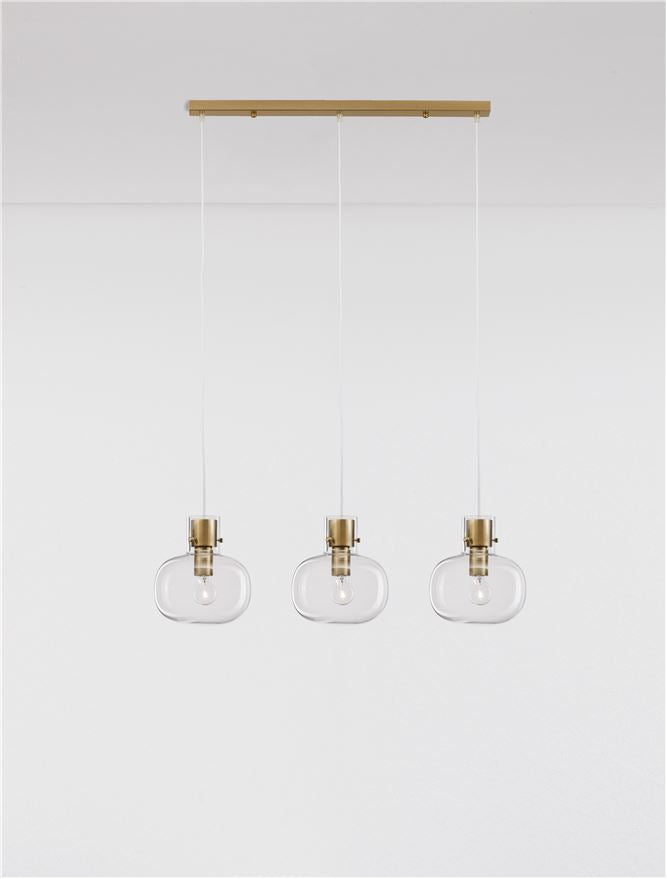 CIN Clear Glass & Brass Gold Metal Linear 3 Lamp Bar Pendant - ID 11802