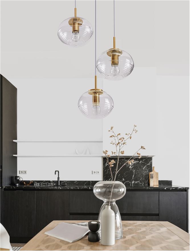 MAE Clear Glass, White Suspension & Brass Gold Metal 3 Lamp Multi Pendant - ID 11863