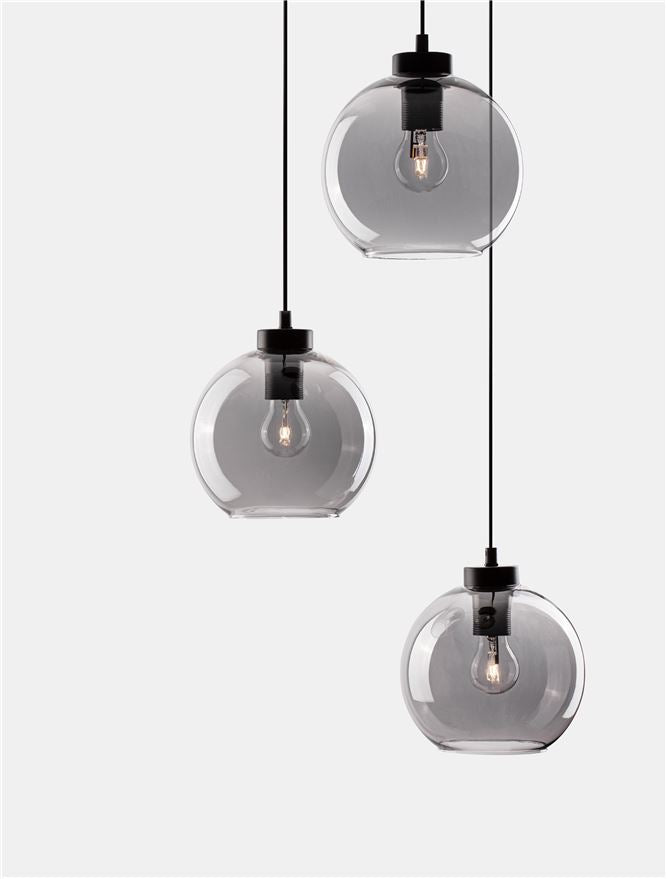 PAL Smoked Glass & Black Metal 3 Lamp Multi Pendant - ID 11835