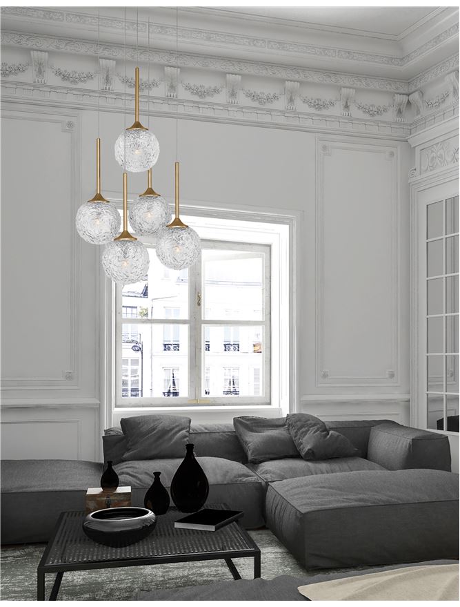MIRA Clear Structured Glass & Brass Gold Steel 5 Light Multi Pendant - ID 10549
