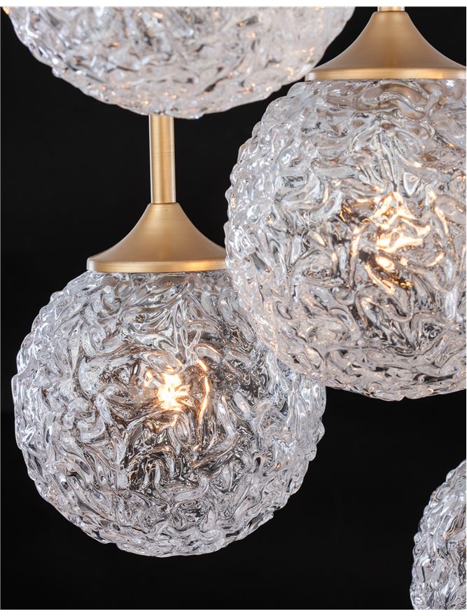 MIRA Clear Structured Glass & Brass Gold Steel 5 Light Multi Pendant - ID 10549